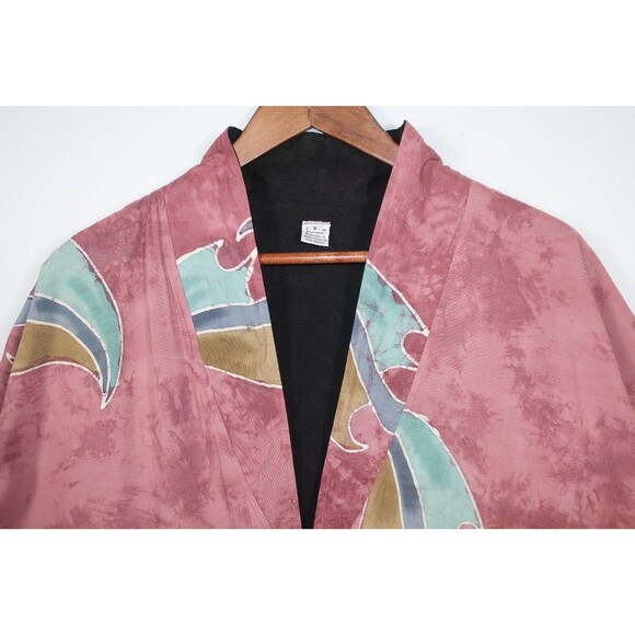 Batik Indonesian Artsy Jacket Art to Wear  Boho 100% Rayon Pink Umbrellas Coin S - Picture 6 of 9